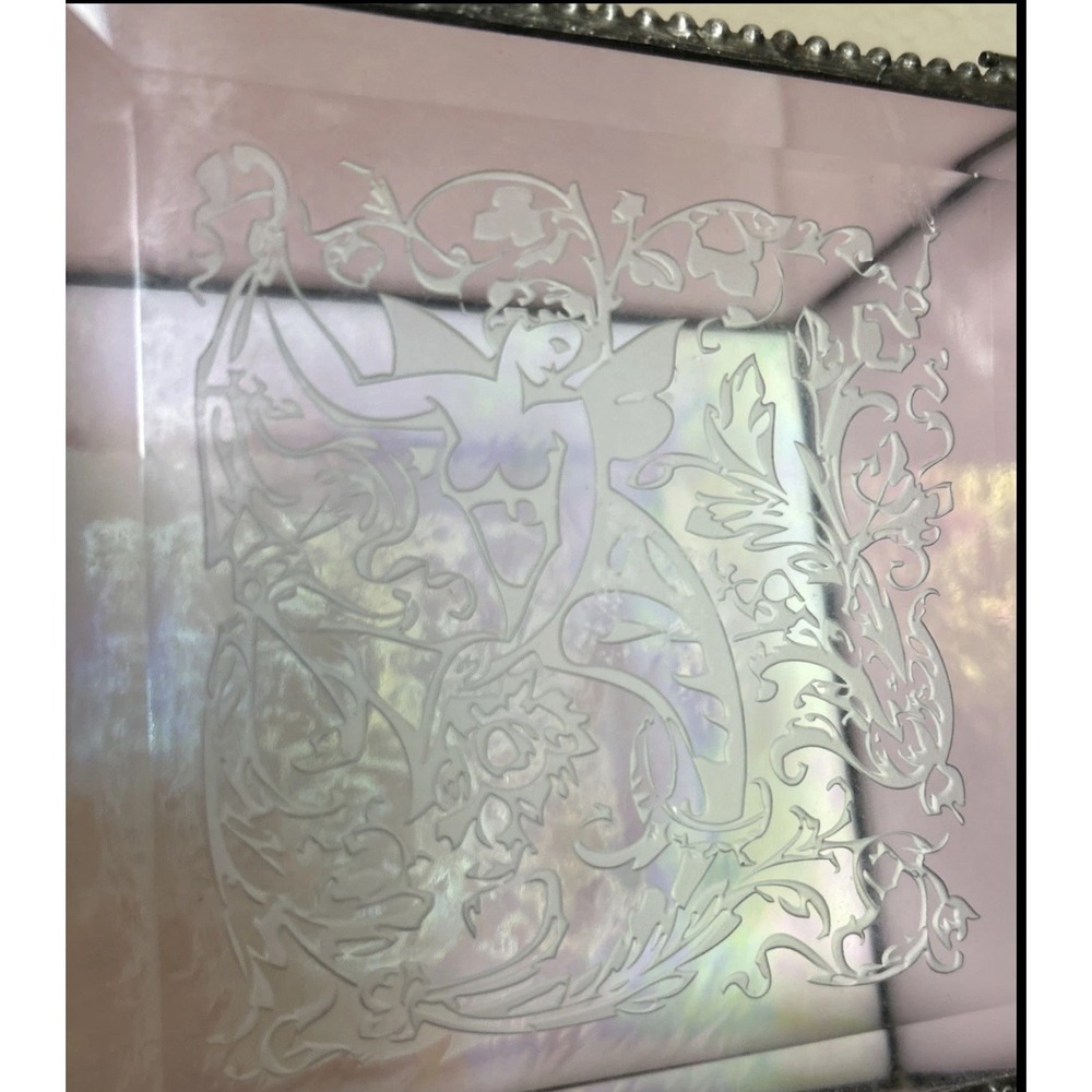 Vintage Etched Glass Trinket Box Jewelry Keepsake Box Fairy Decor Small Hinged - Picture 8 of 11